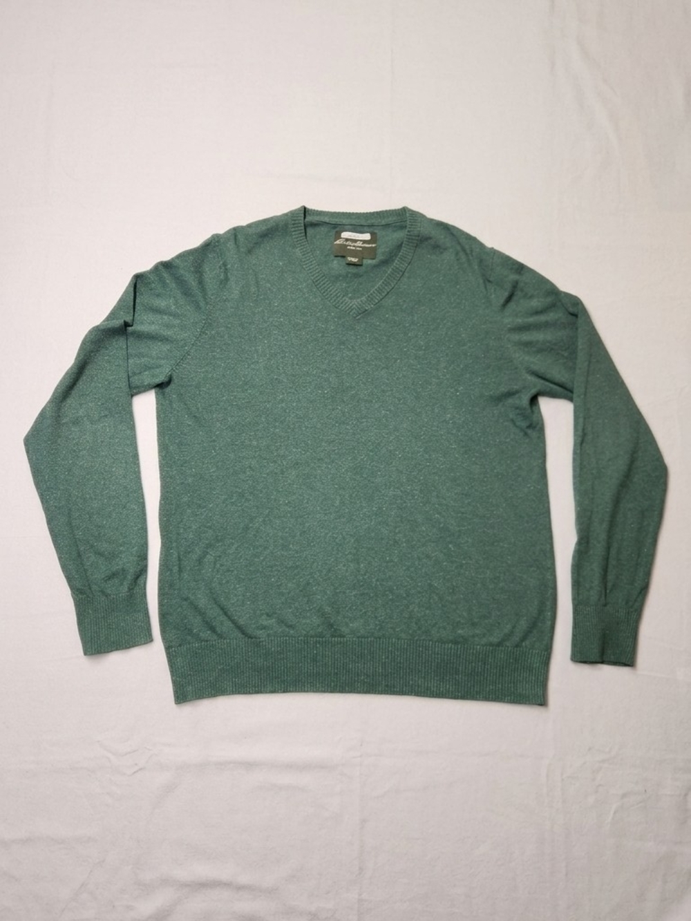 Vintage Eddie Bauer Men's Forest Green Cotton Linen 90s V-Neck Sweater Sz TL
